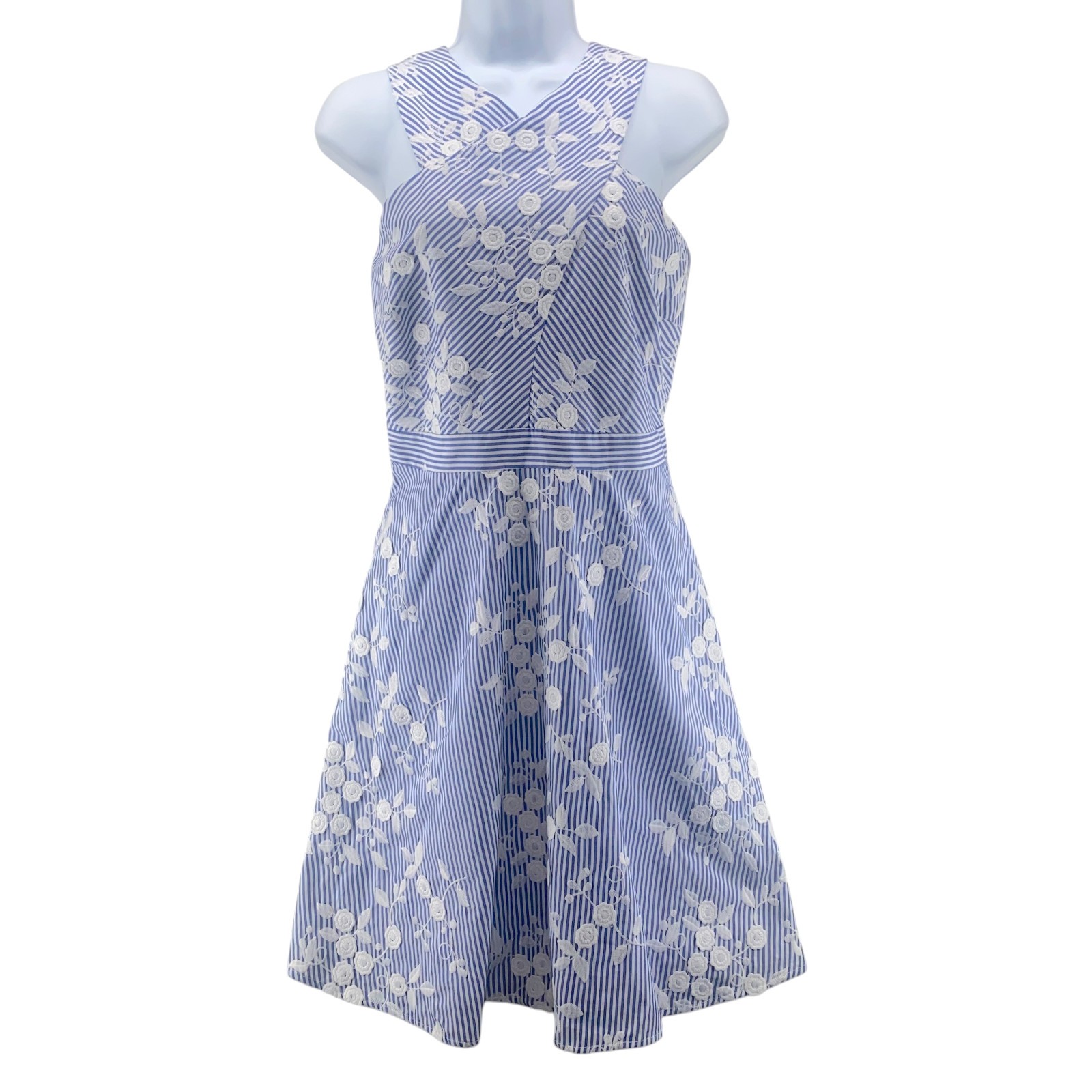 Sam Edelman Halter Dress Size 8 Blue Stripe Lace Embroidered 100% Cotton New