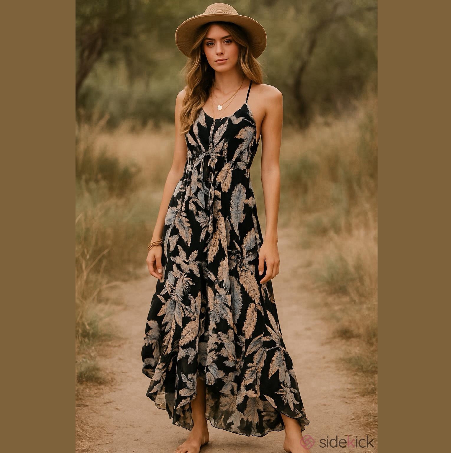 Free People Floral Smocked Strap Hi-Low Maxi Dress S Viscose Black Beige Blue