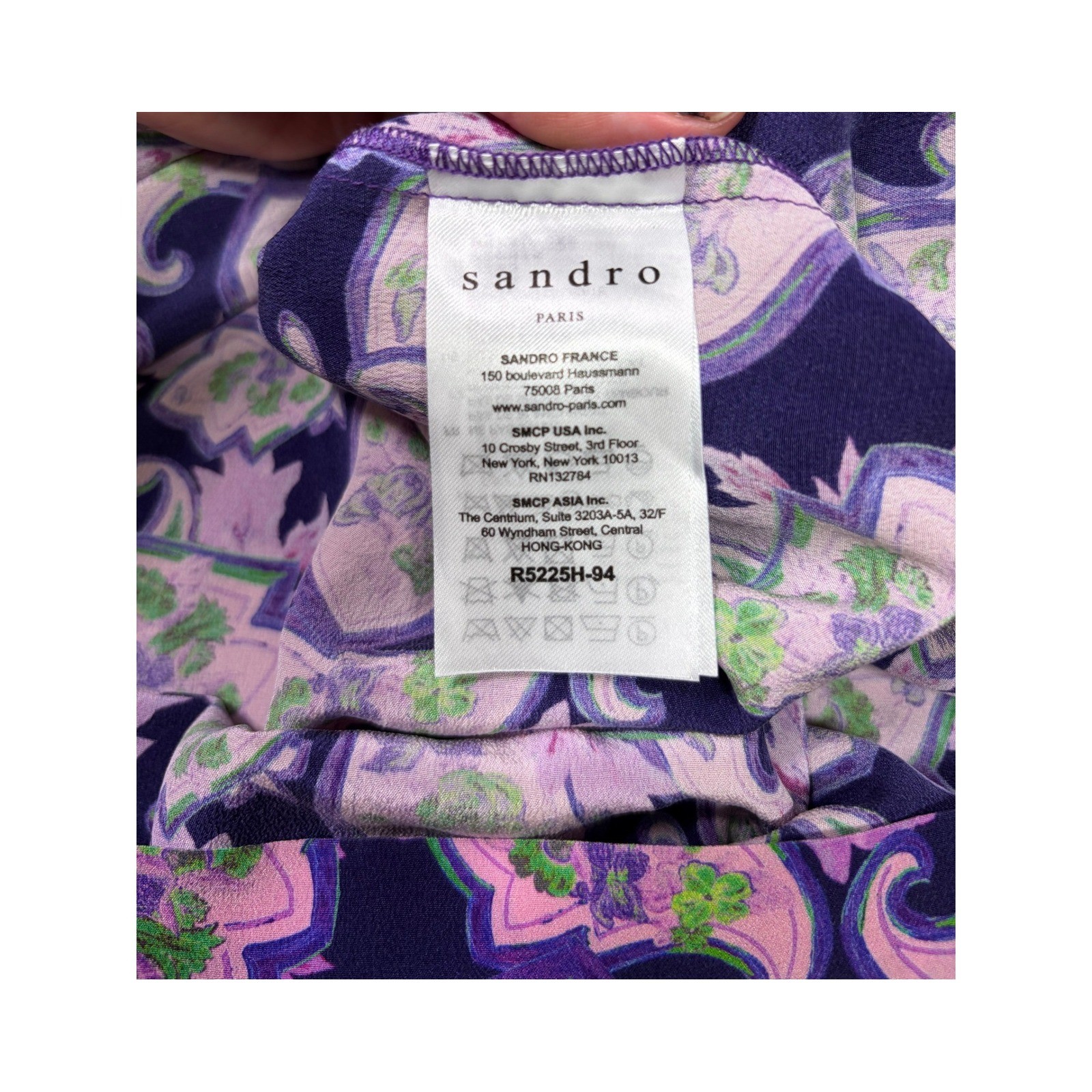 Sandro Silk Paisley Cold Shoulder Mini Dress Purple Green Ruffle Boho Shift