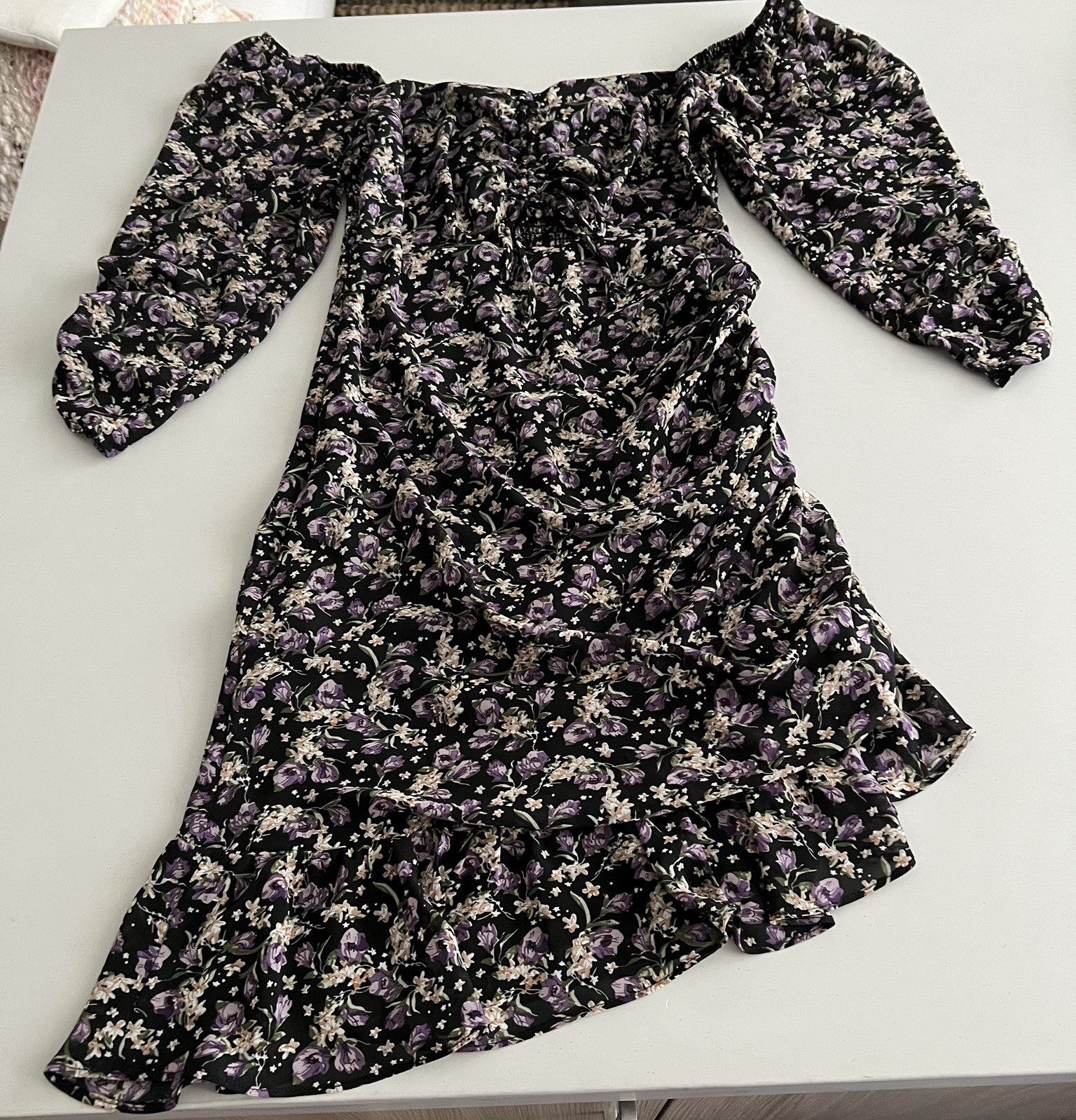 Astr The Label Dress Black Purple Floral S Ruched Asymmetrical Peasant Romantic