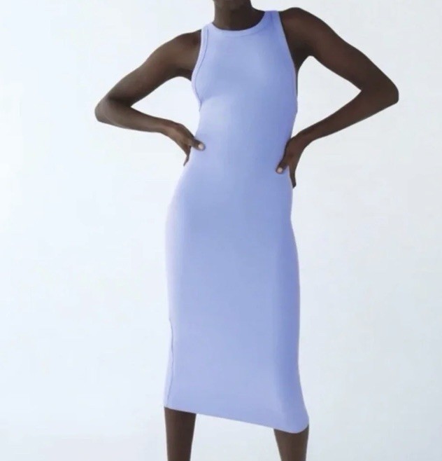 Zara Periwinkle Blue Ribbed Stretch Bodycon Contour Midi Tank Dress, NWT Sz M