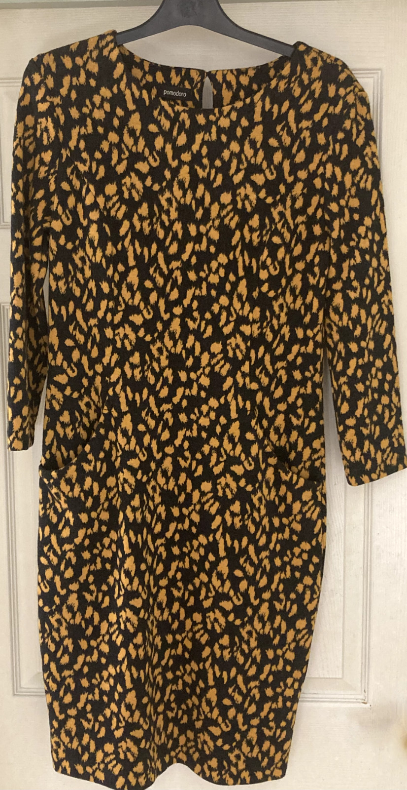 Pomodoro Gold & Black Ladies Dress Size 8 UK 2 Pockets 3/4 Sleeves @ 96cm long