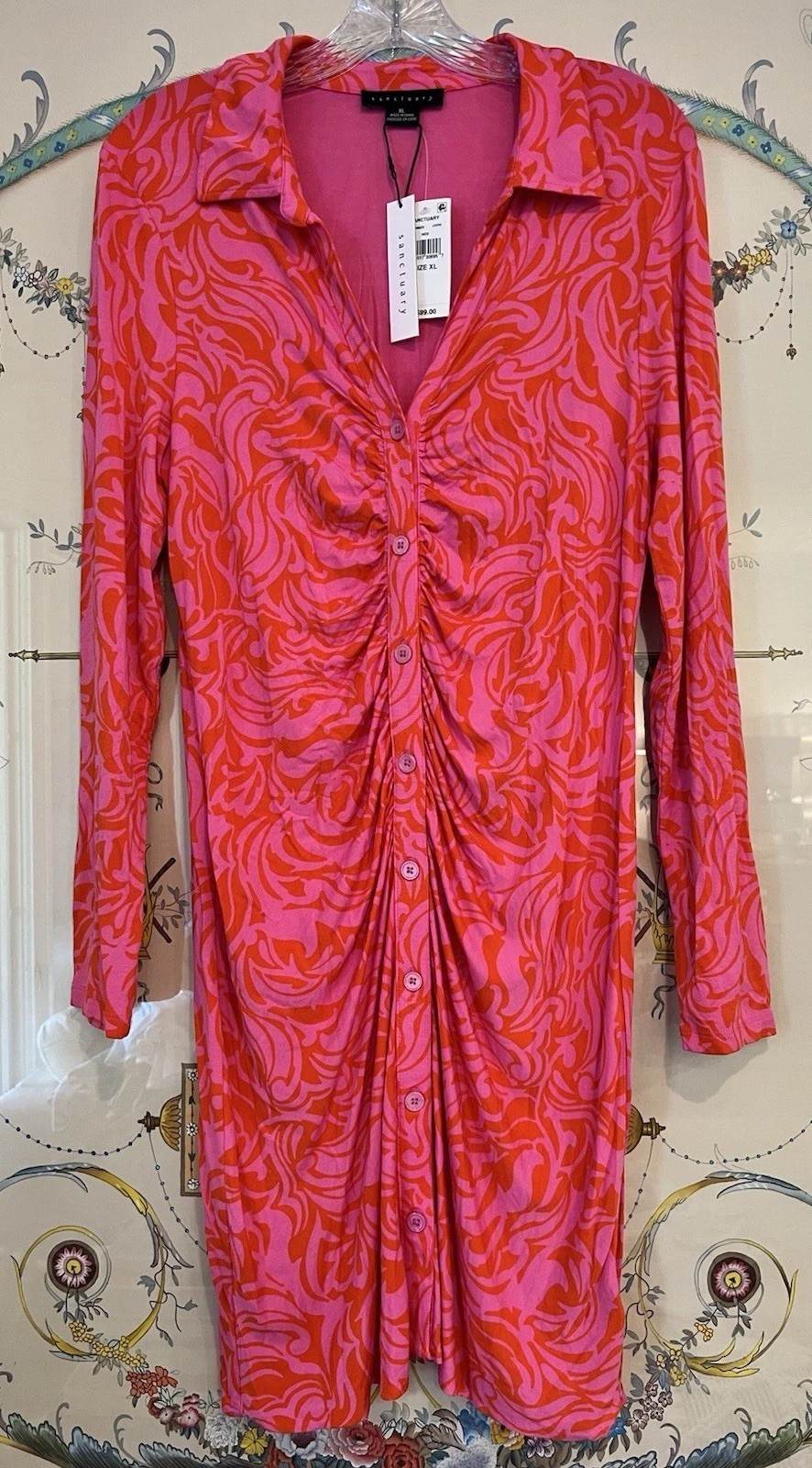 Sanctuary Long Sleeve Dress Vibrant Orange Pink Ruched In The Front Bodycon XL