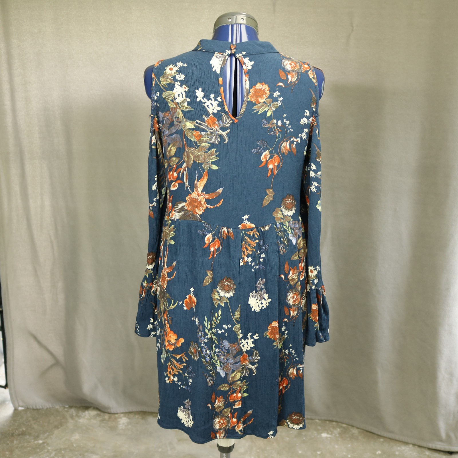 Altar’d State Floral Cold Shoulder Mini Dress Button Neck Bell Sleeve Blue L