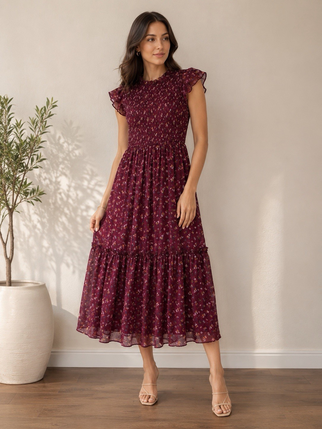 Zunie Burgundy Floral Smocked Midi Dress Girls Size 8