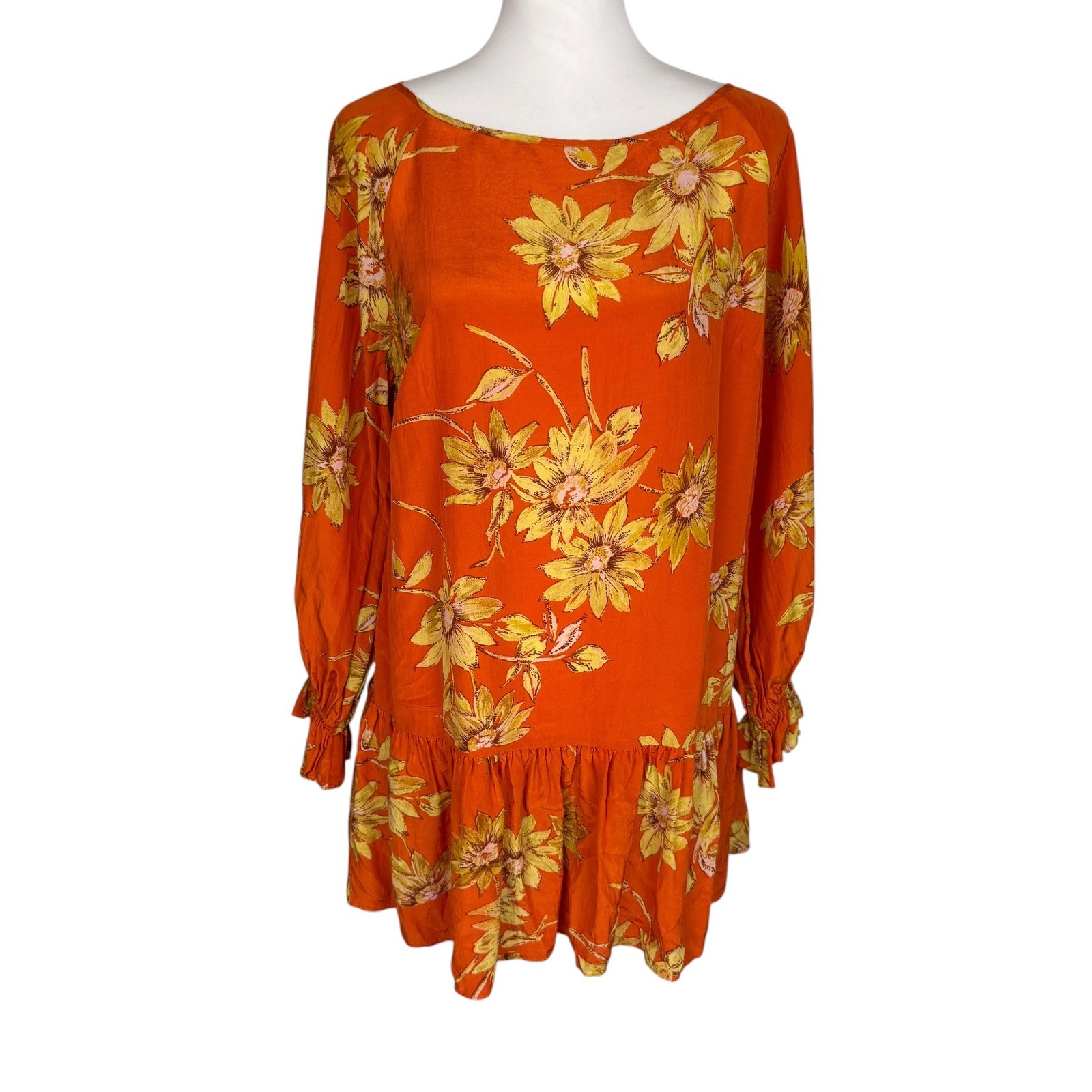 Free PeopleCrazy Daisy Orange Floral Drop Waist Mini Dress Smocked Cuff Small