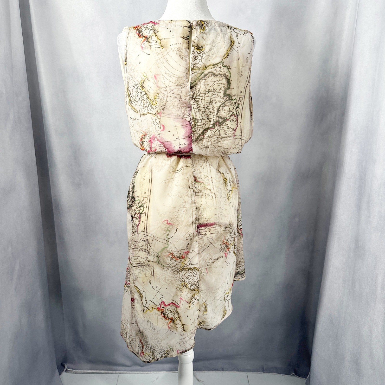 Kersh Sleeveless Draped Tie Waist Map Print Asymmetrical Dress Size Medium NEW