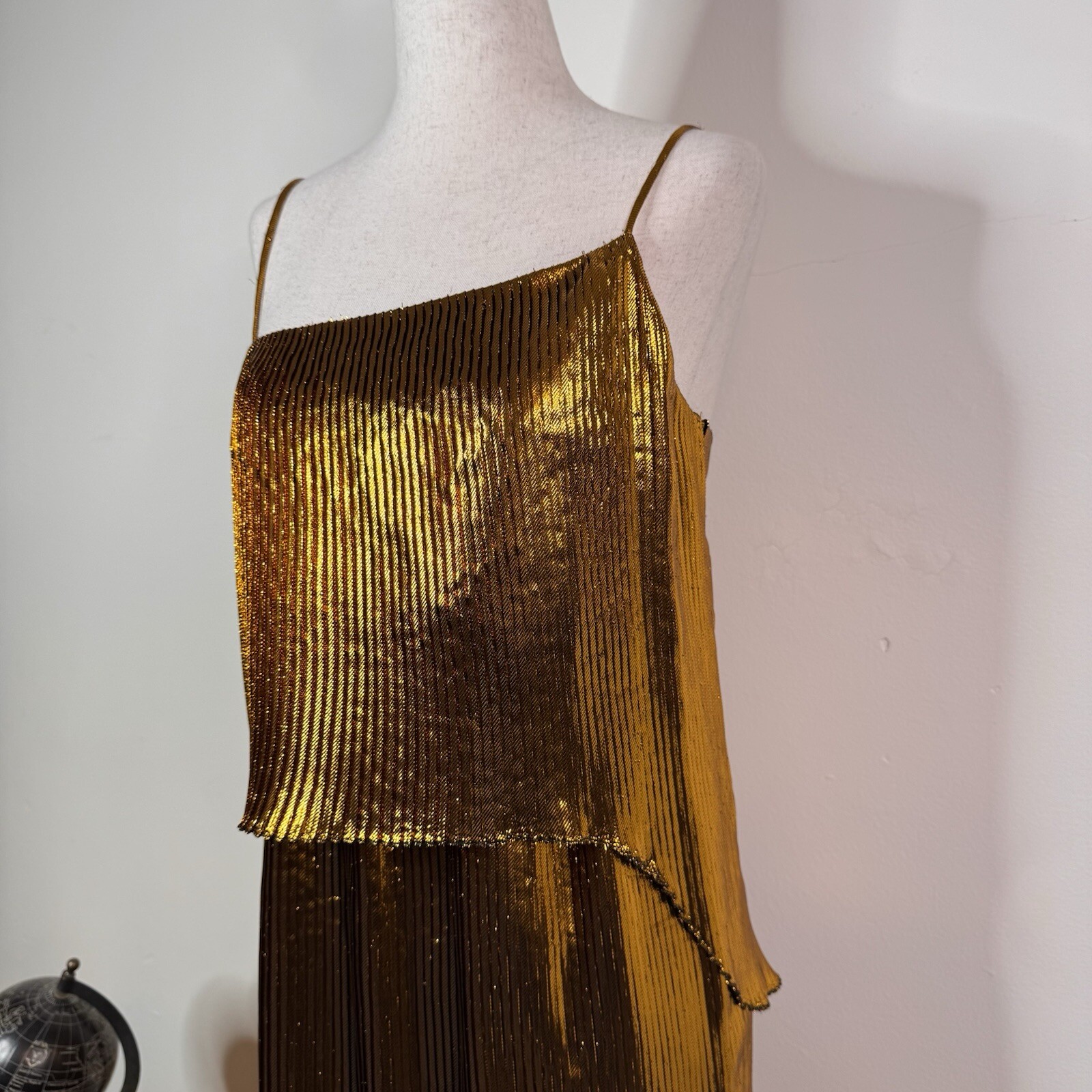 Cedric Charlier Gold Metallic Pleated Midi Dress NWT Size 40 US 6 SS 2018