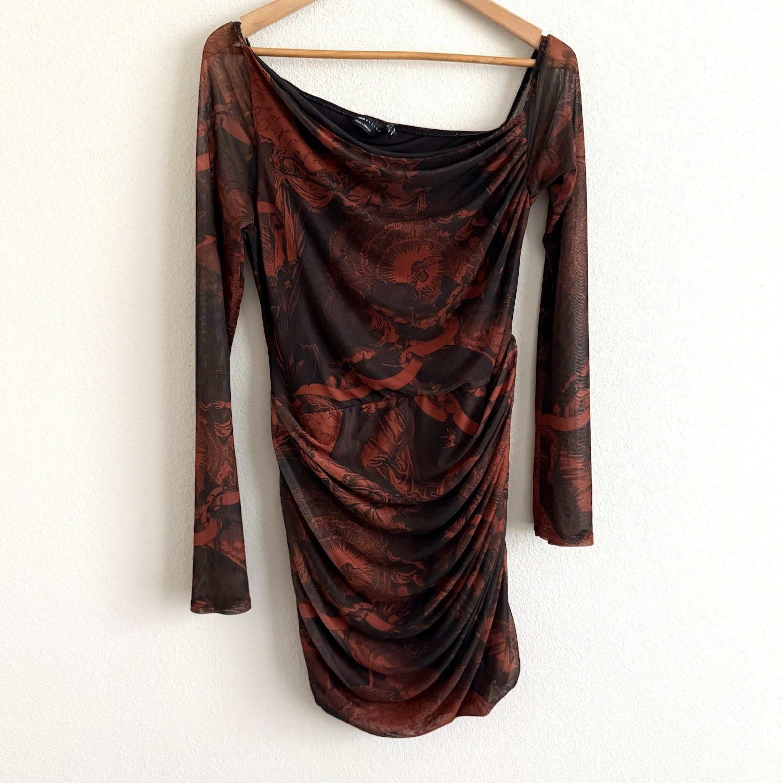 ASOS Off The Shoulder Mesh Mini Dress Womens 12 Brown Print Clubwear Party Sexy