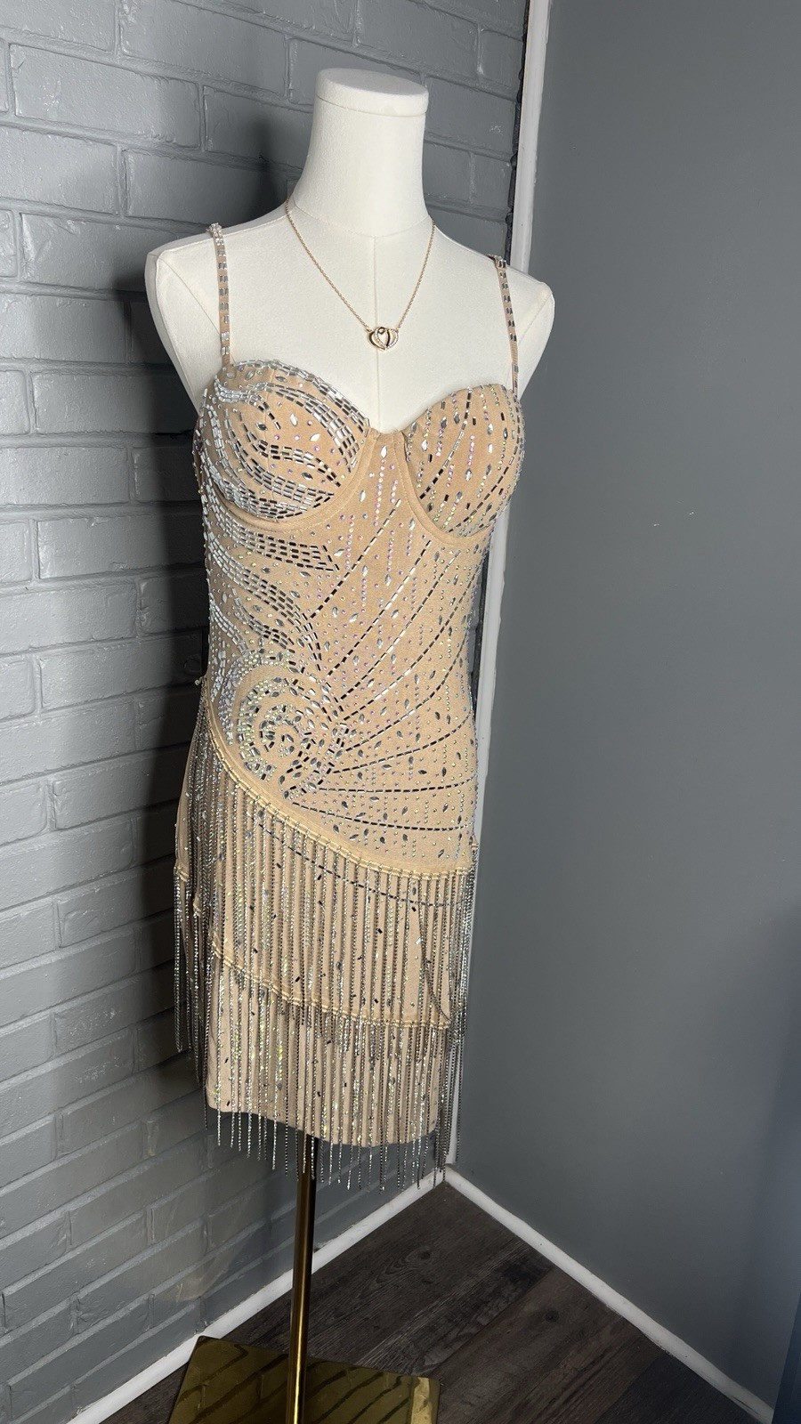Banjul Nude Rhinestone Sparkly Fringe Layer Midi Sleeveless Dress Size Large