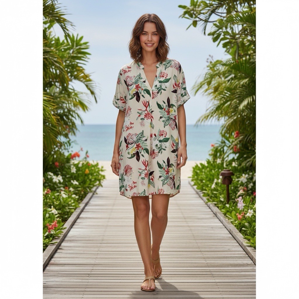 H&M Tropical Floral Shift Dress Women’s 8 Ivory V Neck 100% Viscose Boho