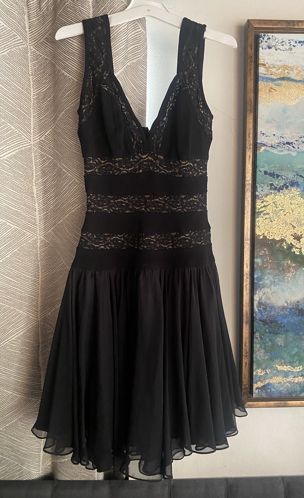 Vintage 1990s Tadashi Mini Dress Womens Size XS Black Lace Chiffon
