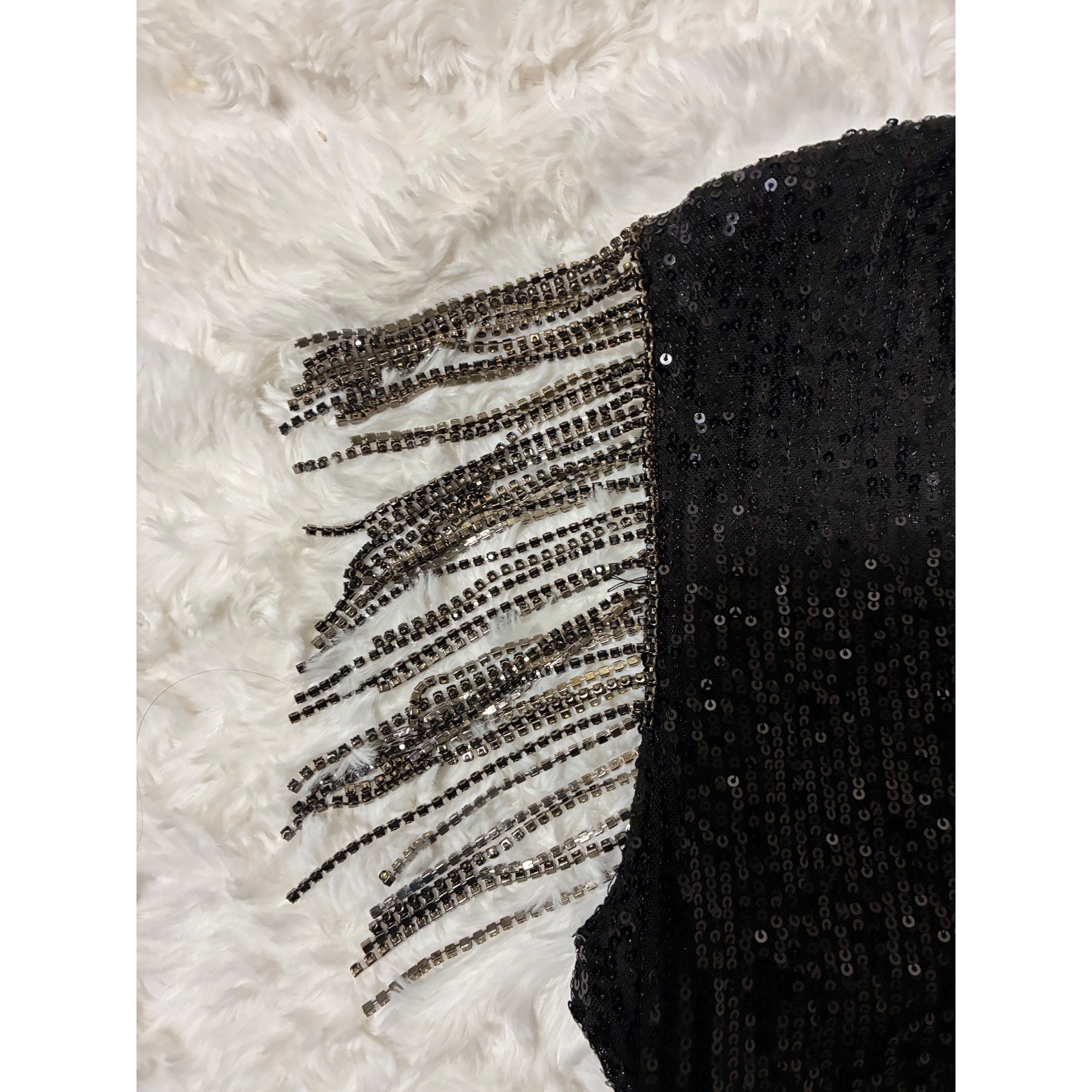 Betsey Johnson Black Sequin Mini Dress Rhinestone Fringe V-Neck JM38216X New