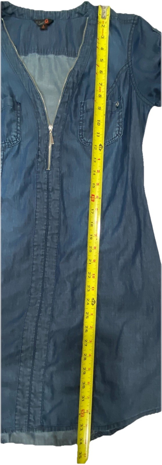 G By Guess Lightweight Chambray Denim 1/4 Zip Short Sleeve Dress Roll Sleeves