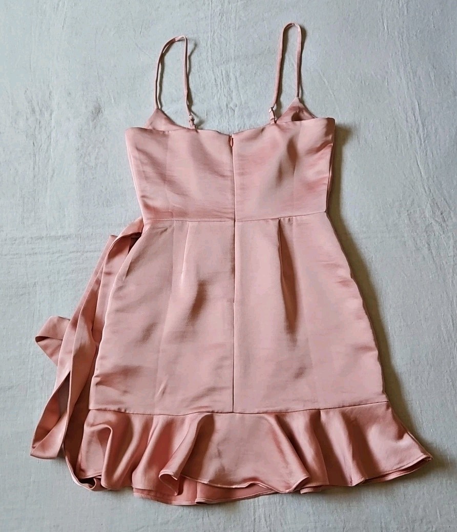 Lulus Salmon Pink Satin Wrapped Ruffle Strappy Belted Mini-Dress Size XS