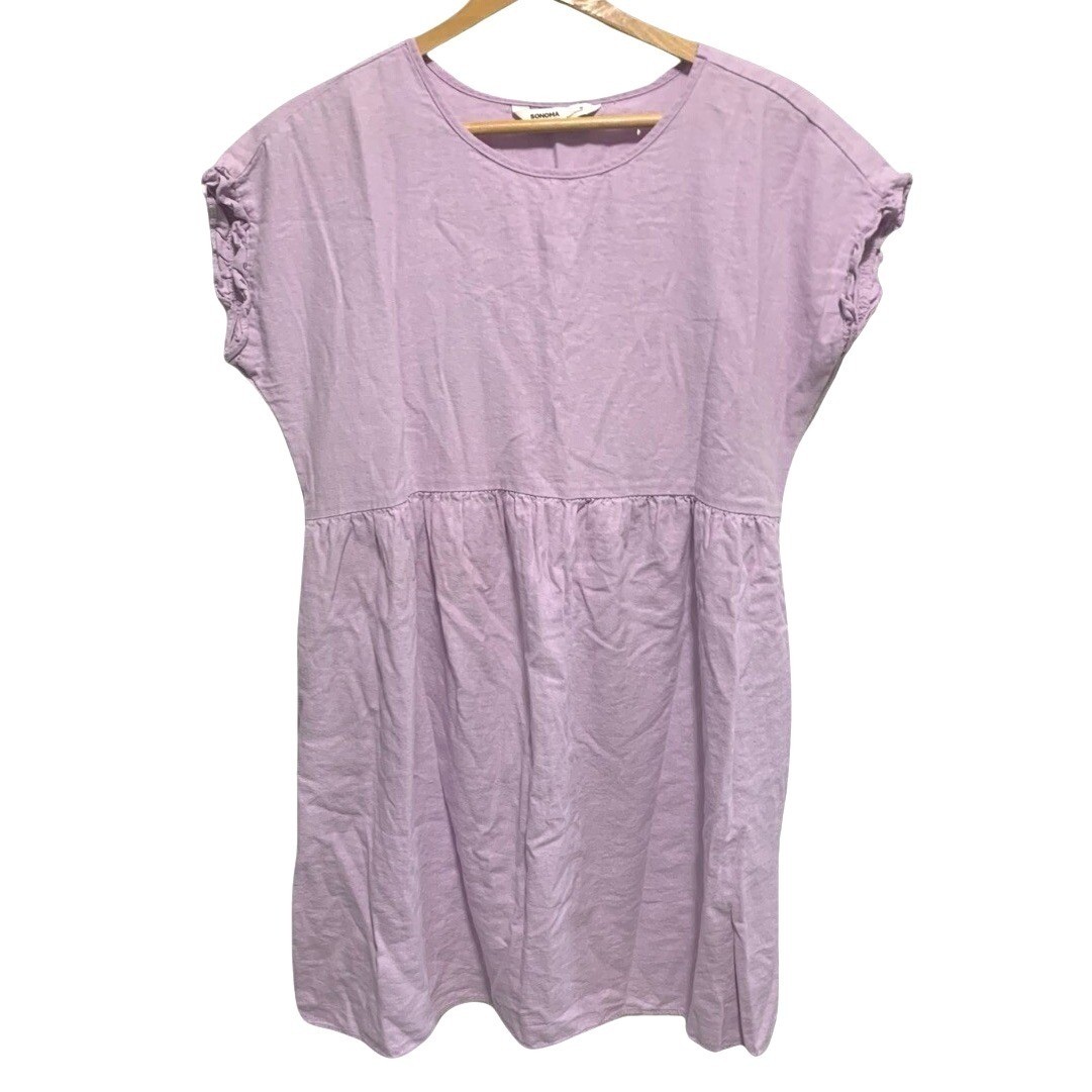 Sonoma Babydoll Dress Medium Lavender Purple Linen Blend Ruffle Sleeve Pockets