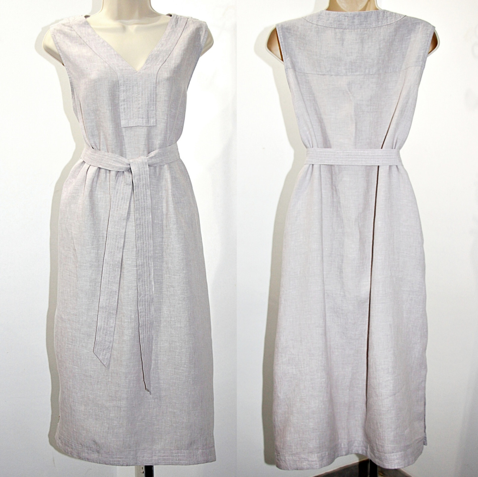 TAHARI 100%Linen Button-Side-Slits Pockets Belted Midi Dress in Light Grey sz XL