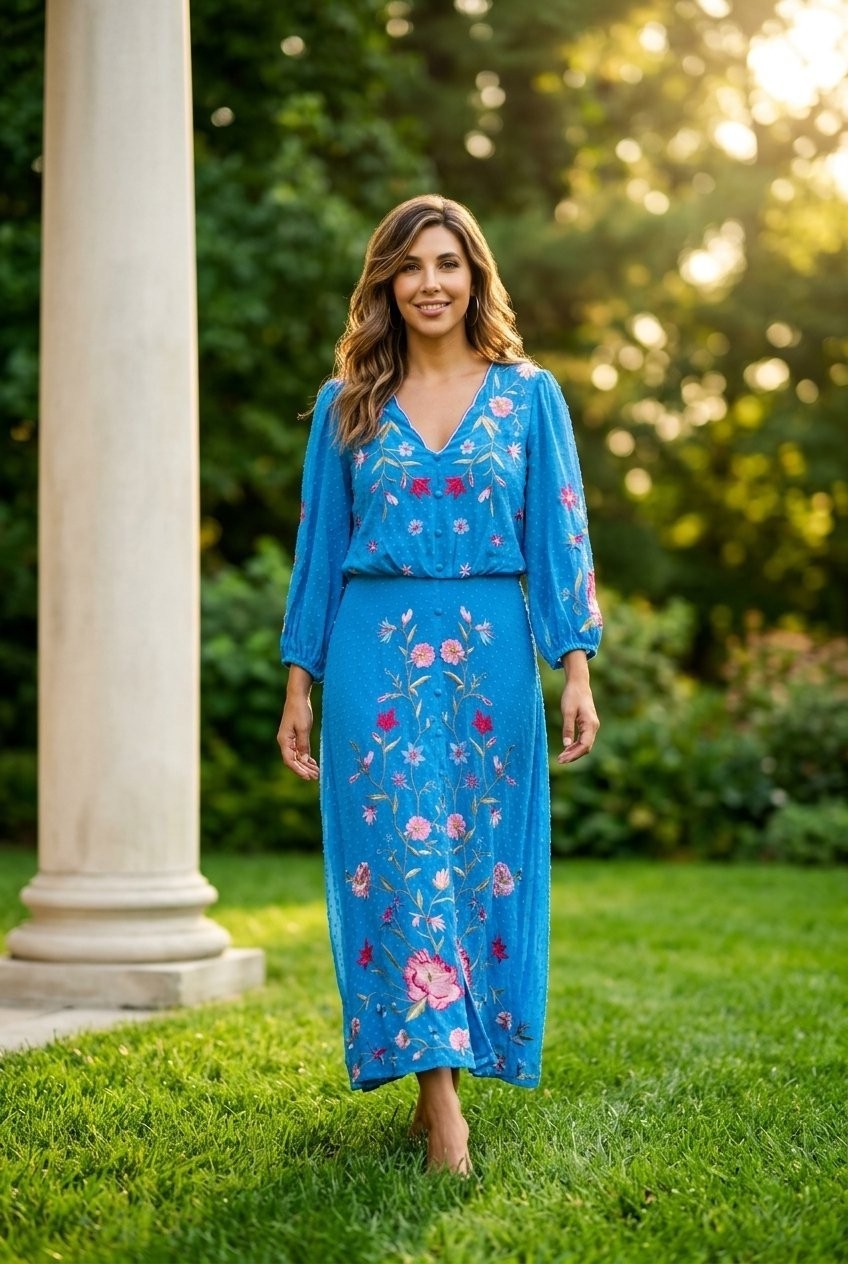 Love & Roses V&A Blue Embroidered Midi Dress Sz UK 16 Petite Boho Wedding NWT