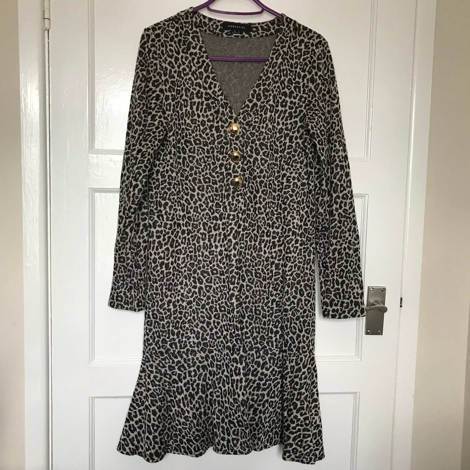 Cortefiel Animal Print Dress Size 8 Long Sleeve A Line Midi Faux Gold Buttons