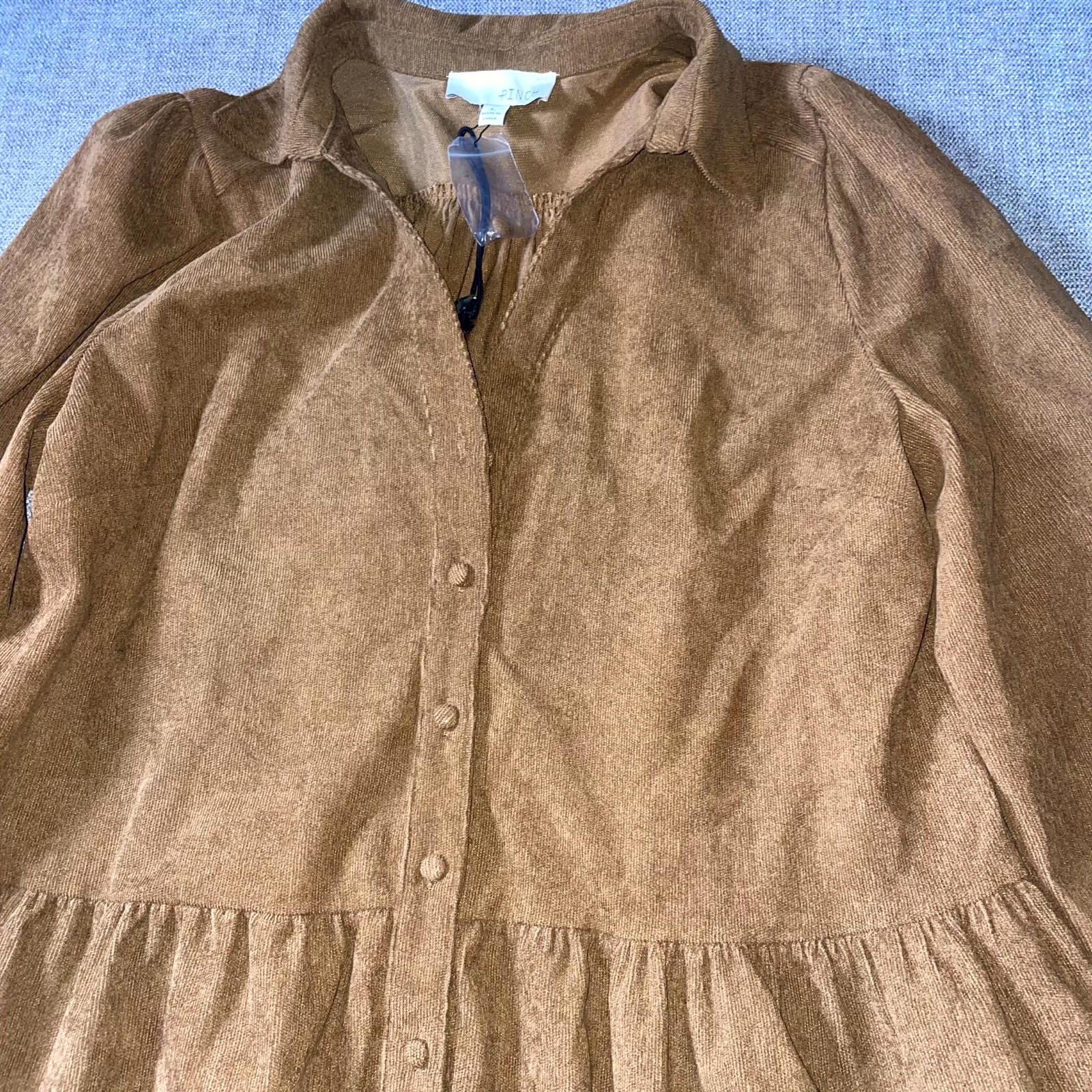 Pinch Tiered Mini Dress Womens Large Brown Puff Sleeve Collared Button Front