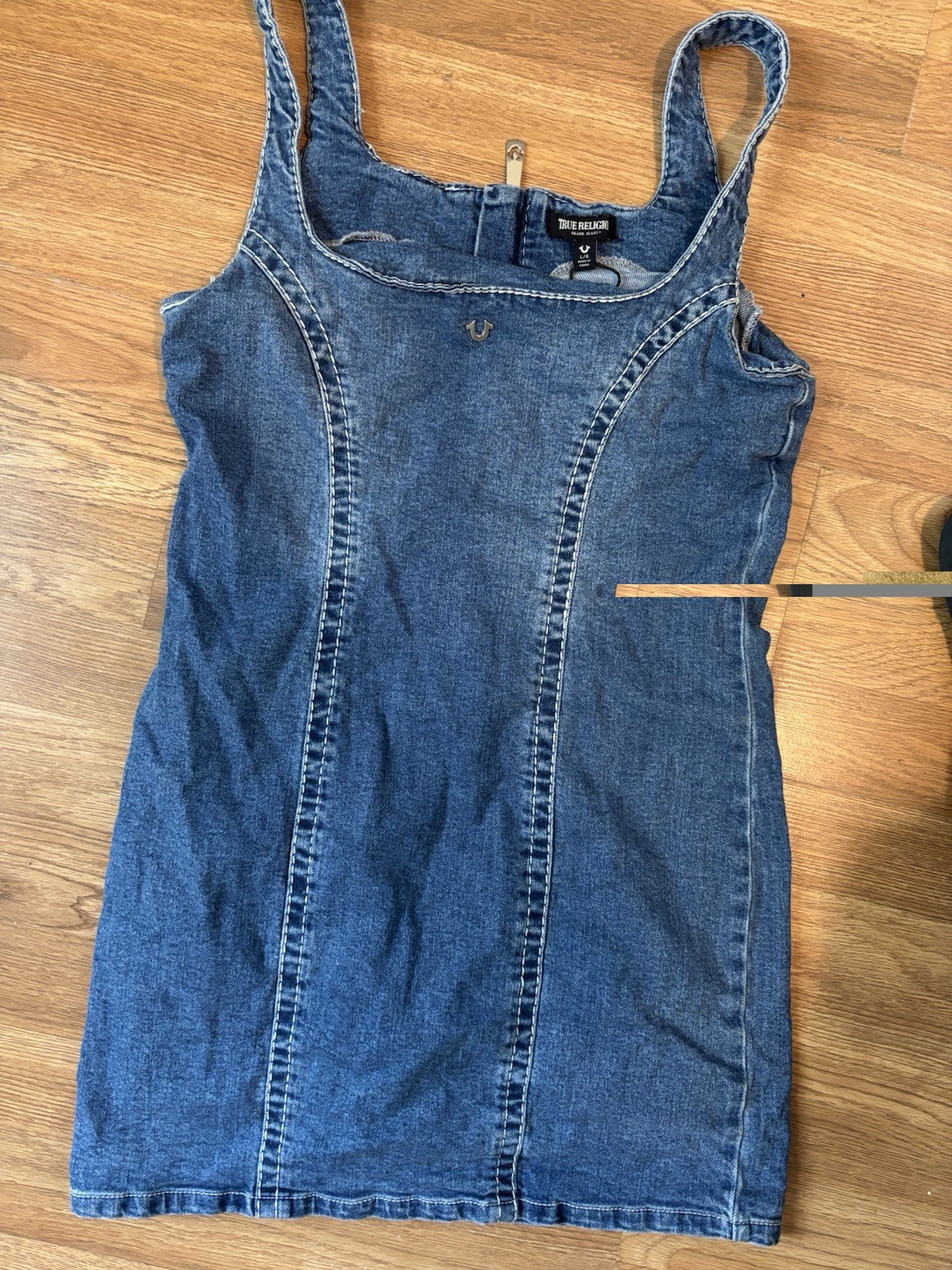 True Religion Women’s Blue Denim Mini Dress Square Neck Back Zip Size L/G