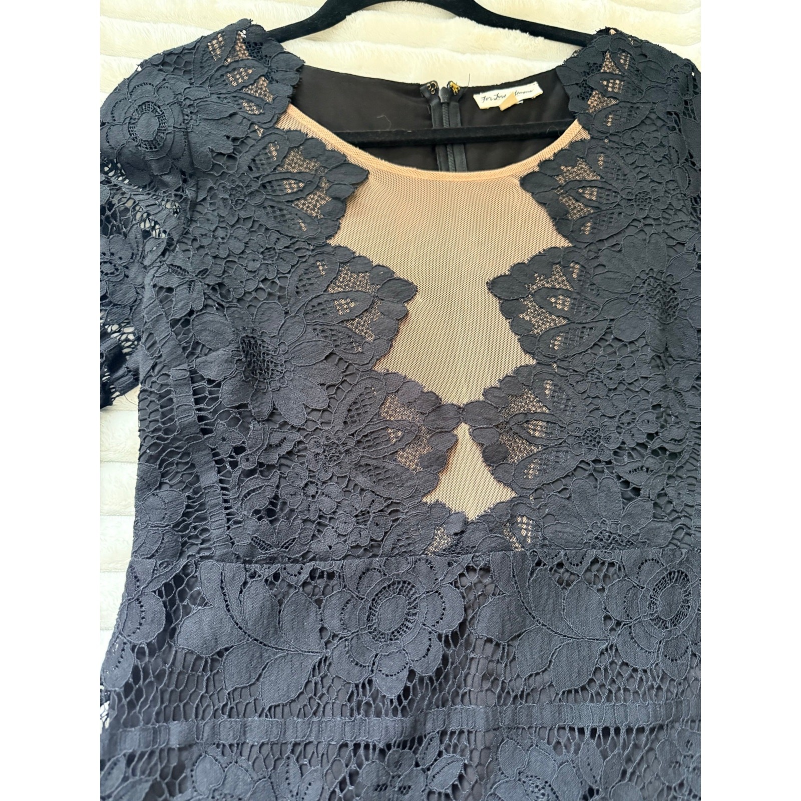 For Love & Lemons GUC Black Lace Noir Mini Dress L Nude Mesh Cutout Long Sleeve