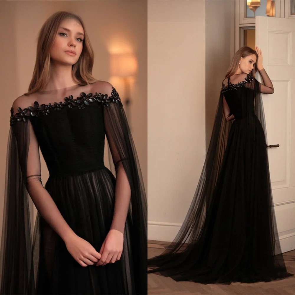 Black Off The Shoulder Lace Evening Dresses Sheer Cape Sleeves Elegant Prom Gown