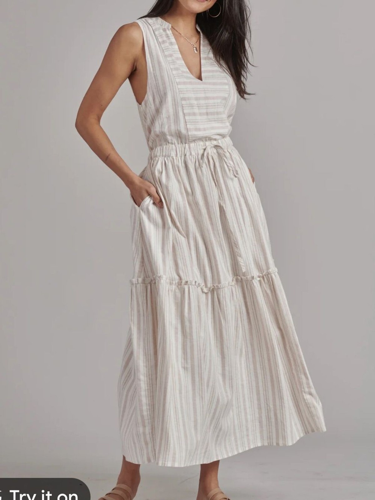 Splendid livia linen blend Cream and Light Taupe Striped Maxi Dress med
