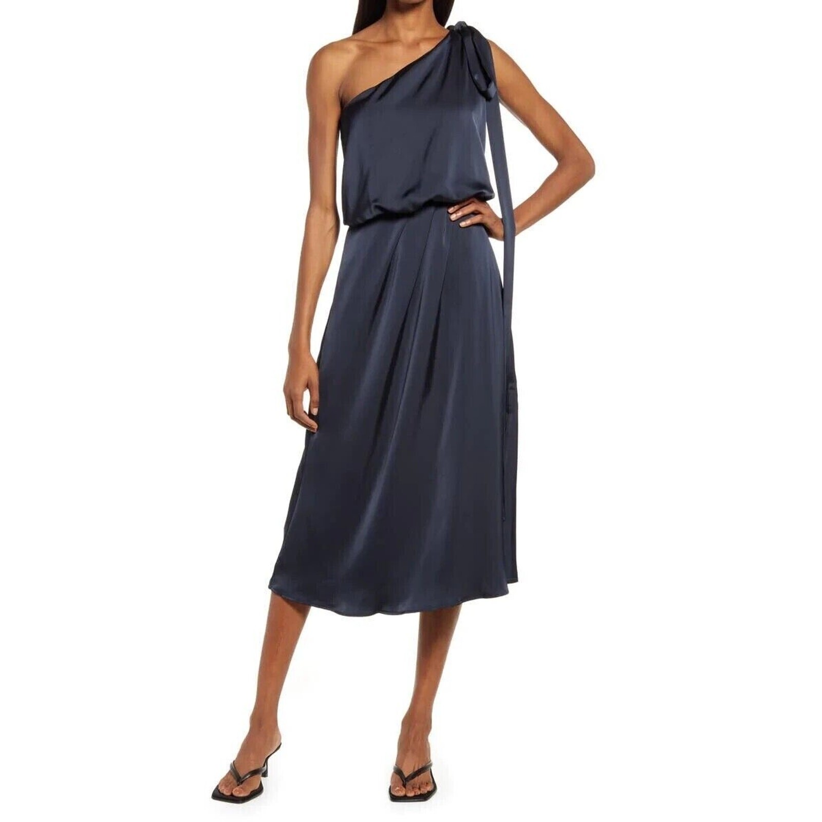 Amylynn Midi Dress Womens Small Navy One Shoulder Sleeveless B75