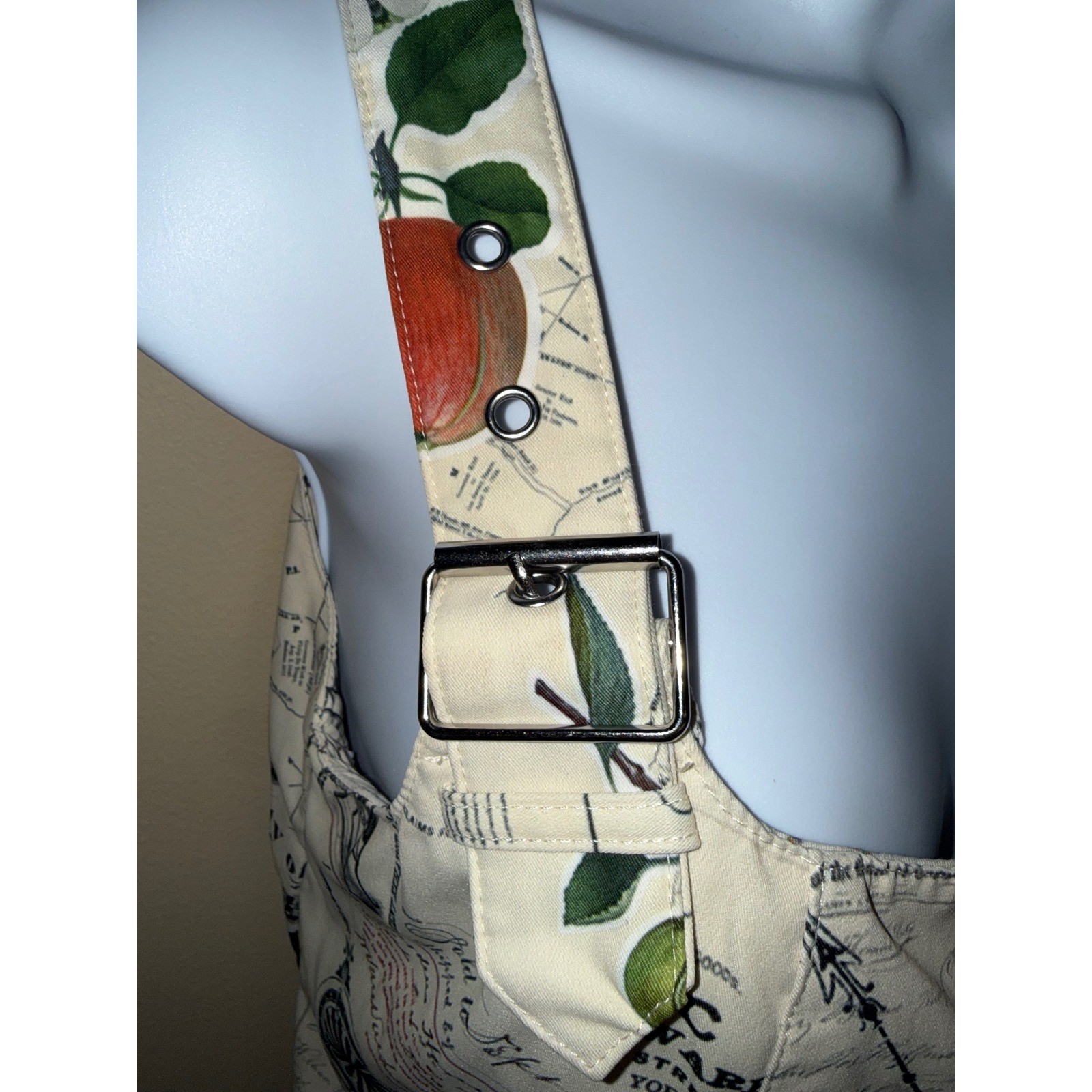 NYC Map Apple Print Pinafore Mini Dress Silver Buckle Straps Cream Sleeveless S