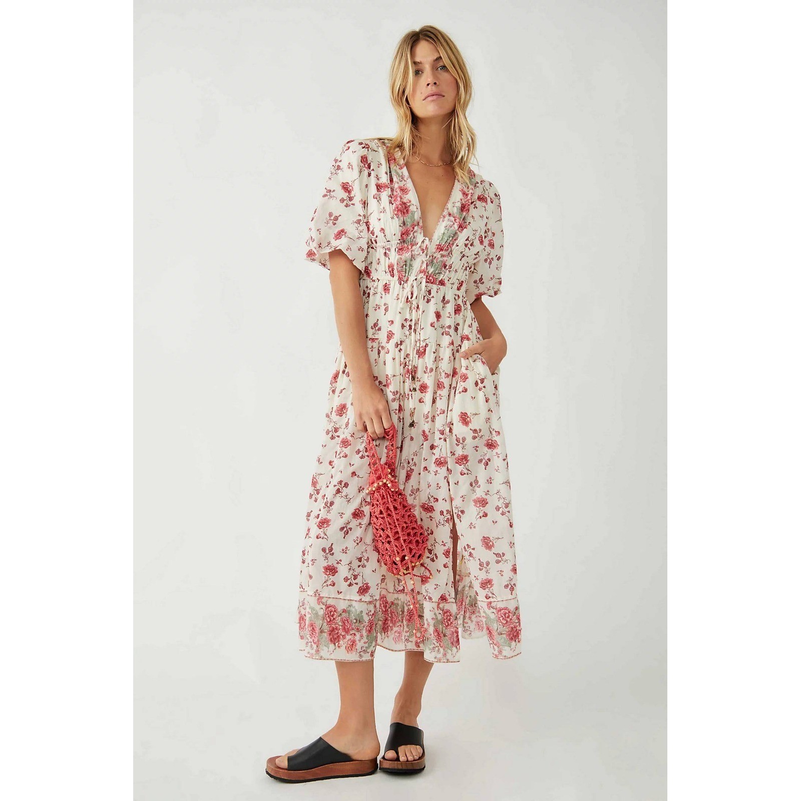 Free People Lysette Floral Midi Dress S Cream Rose Puff Sleeve Drawstring Boho