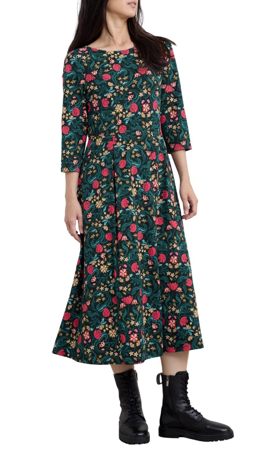 Seasalt Cornwall Teal, Turquoise & Pink Floral 3/4 Sleeve Cotton Midi Dress 18