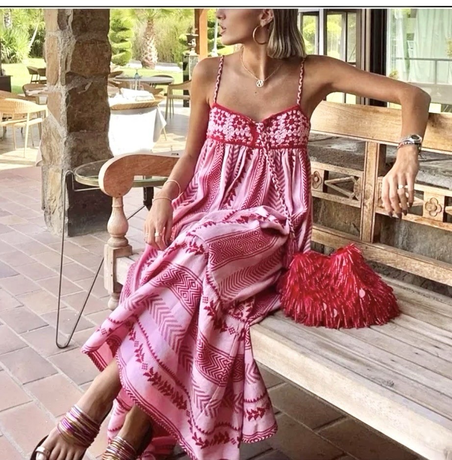 Women Sz L Boho Maxi Dress Crochet Patchwork Sleeveless Long Flowy Swing Dress