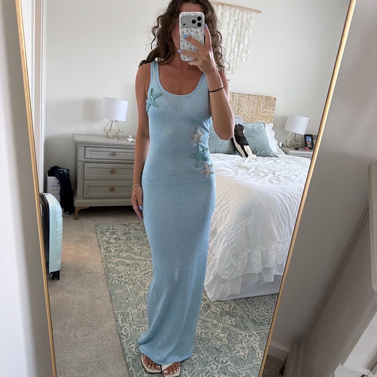 White Fox XS Blue Sequin Knit Maxi Dress Scoop Neck Sleeveless Stretch