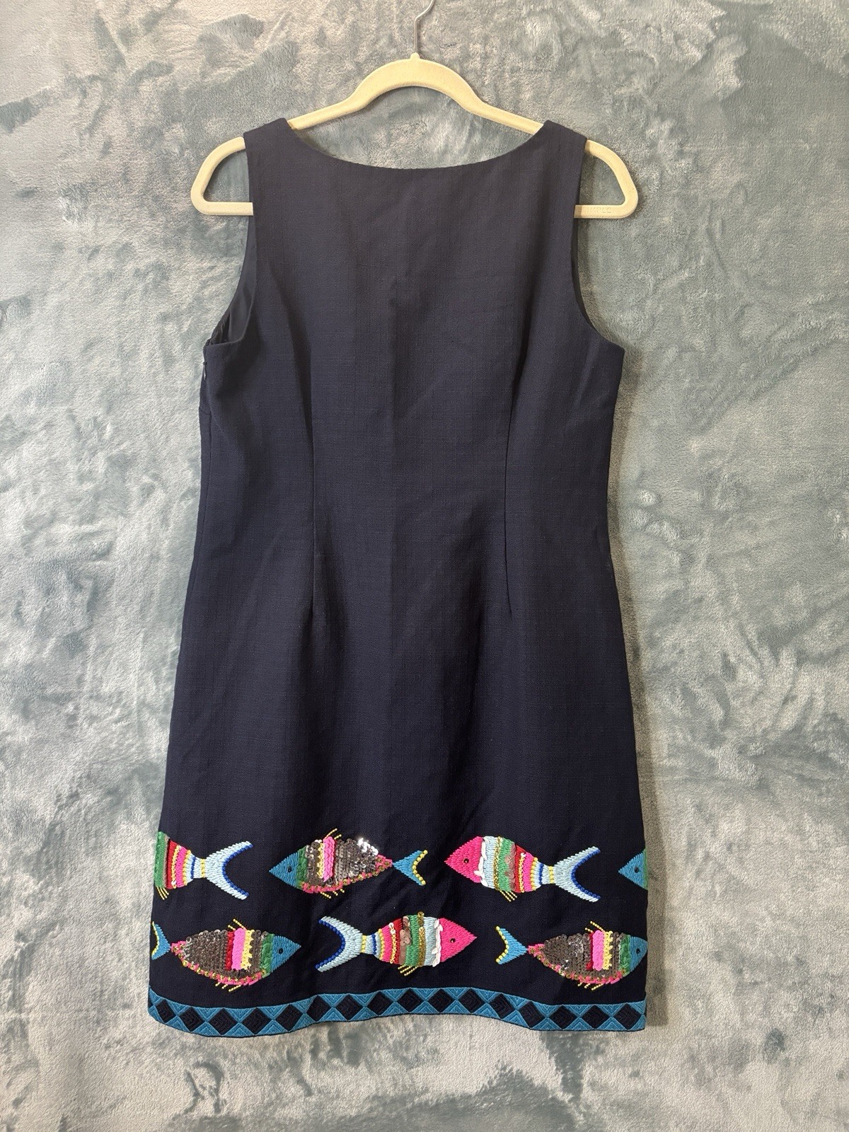 Talbots Sleeveless Shift Sheath Dress Sequence Embroidered Fish Women 10P Blue
