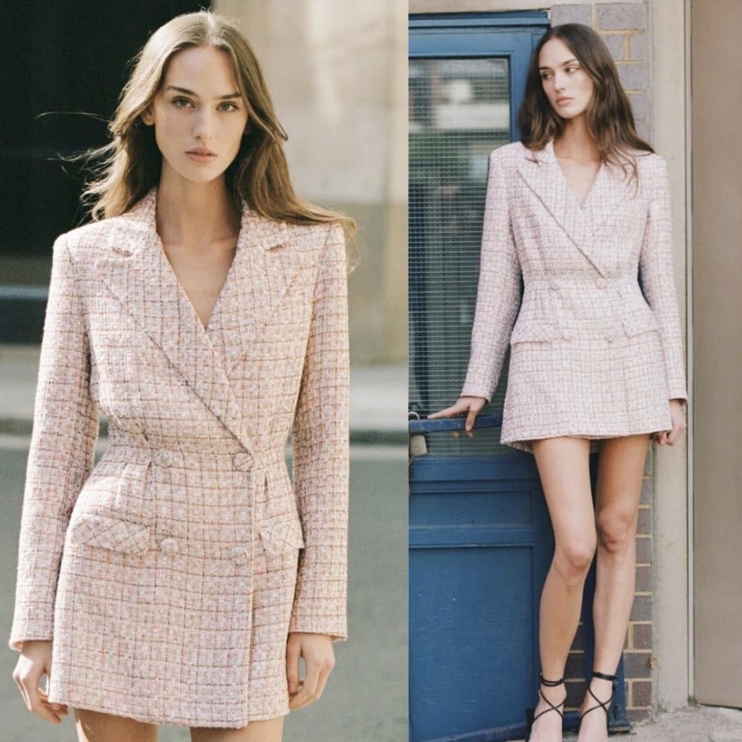 Self-Portrait Tweed Boucle Mini Dress Pink Gold Sequin Long Sleeve Suit Blazer 8