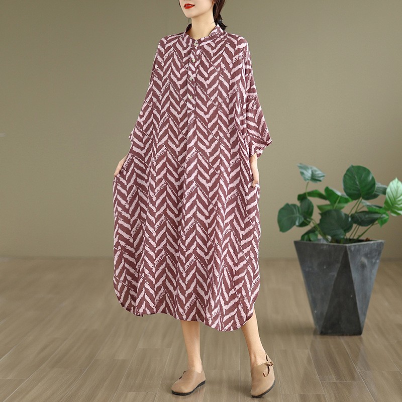 Cotton-linen Printed Mandarin-collar Loose-fit Maxi-length Resort Dress