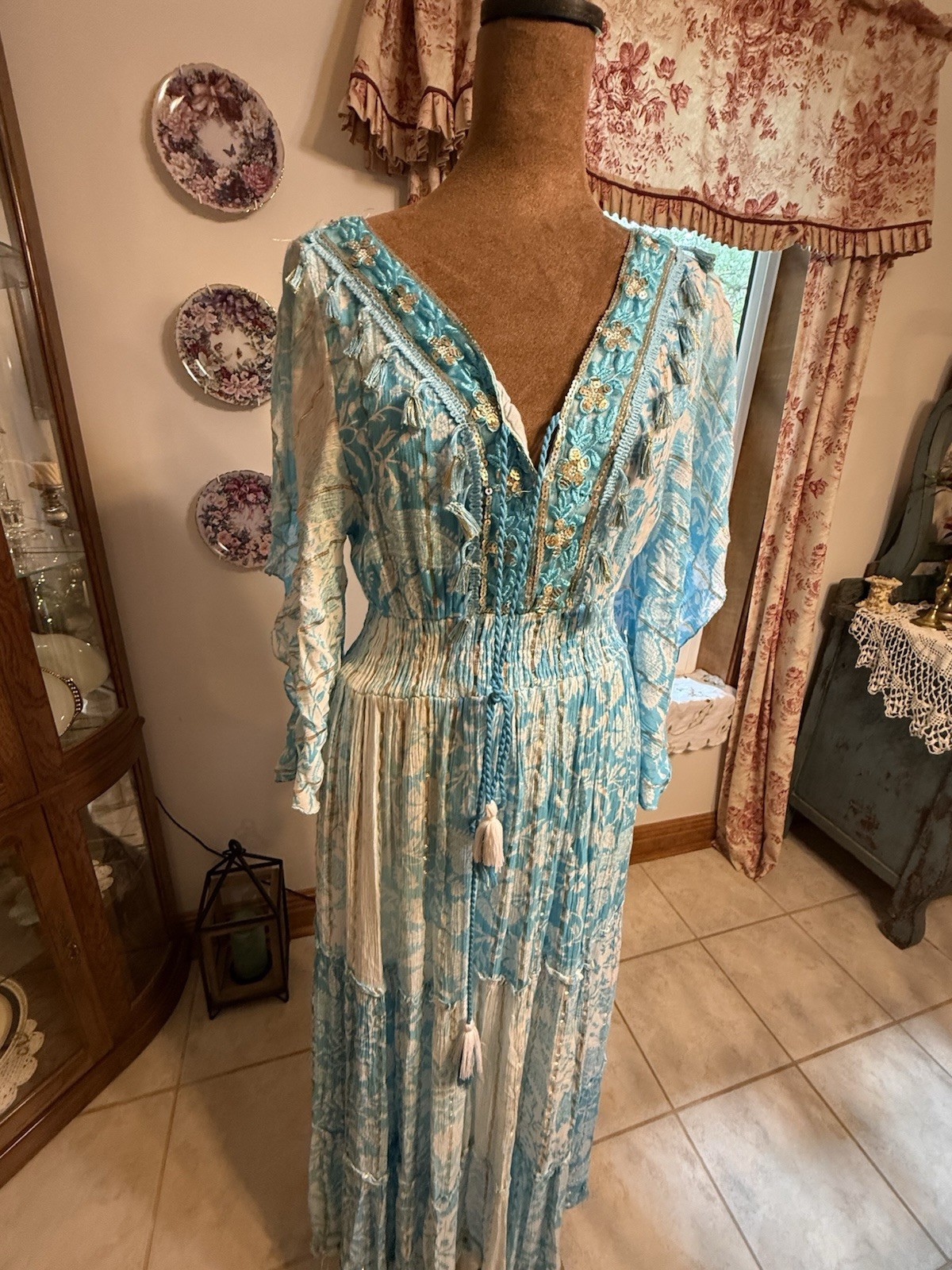 Blue White Boho Maxi Dress Size M Embroidered Lace Tassel Cottagecore Beach