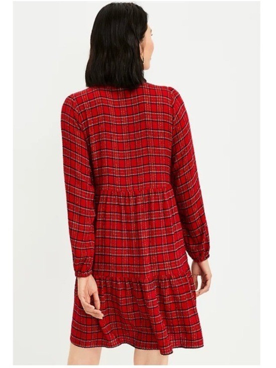 Ann Taylor LOFT Metallic Tartan Plaid Tiered A-Line Dress Holiday Red Small