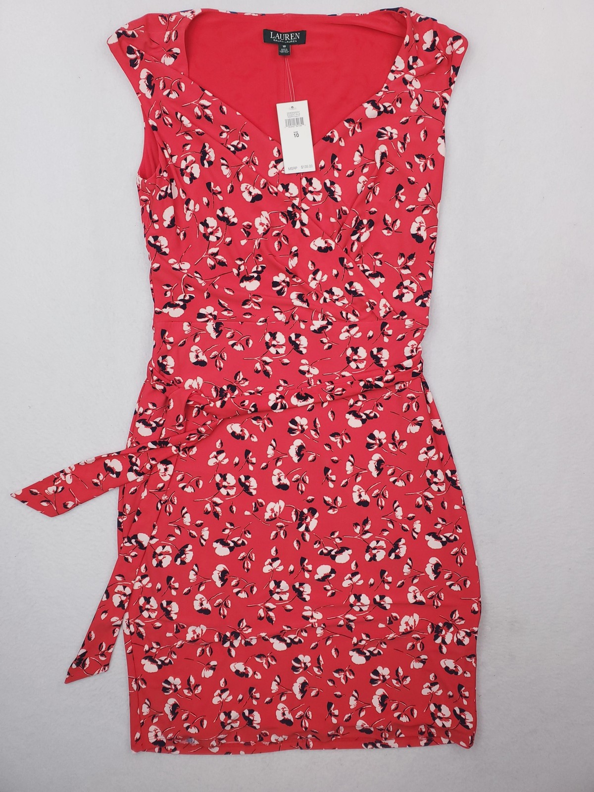 Lauren Ralph Lauren Dress Womens 10 Red Floral Print Wrap Sheath Ruched Jersey