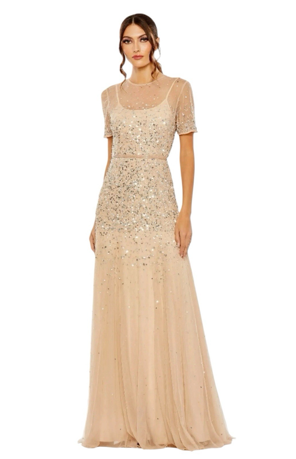 Mac Duggal 93909 Nude Silver Sequin Gown Sheer High Neck Short Sleeve Size 10