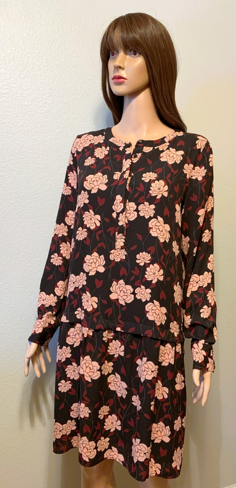 The Limited Black, Maroon and Pink Long Sleeve Floral Henley Dress Size M