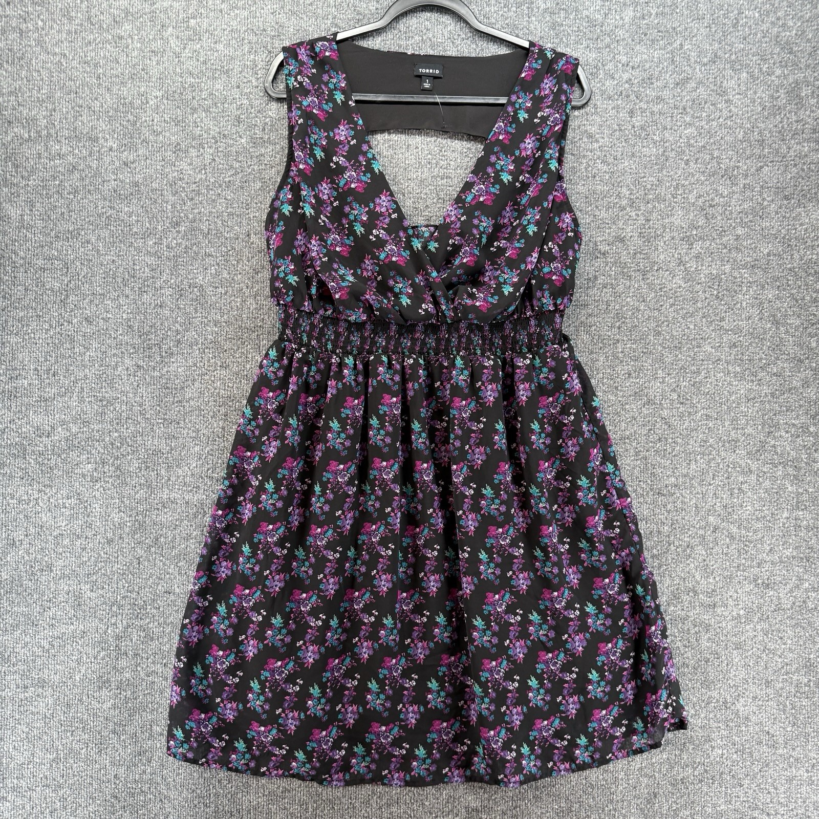 Torrid Dress Womens 1X Black Purple Floral Babydoll Fairy Grunge Whimsigoth 90s