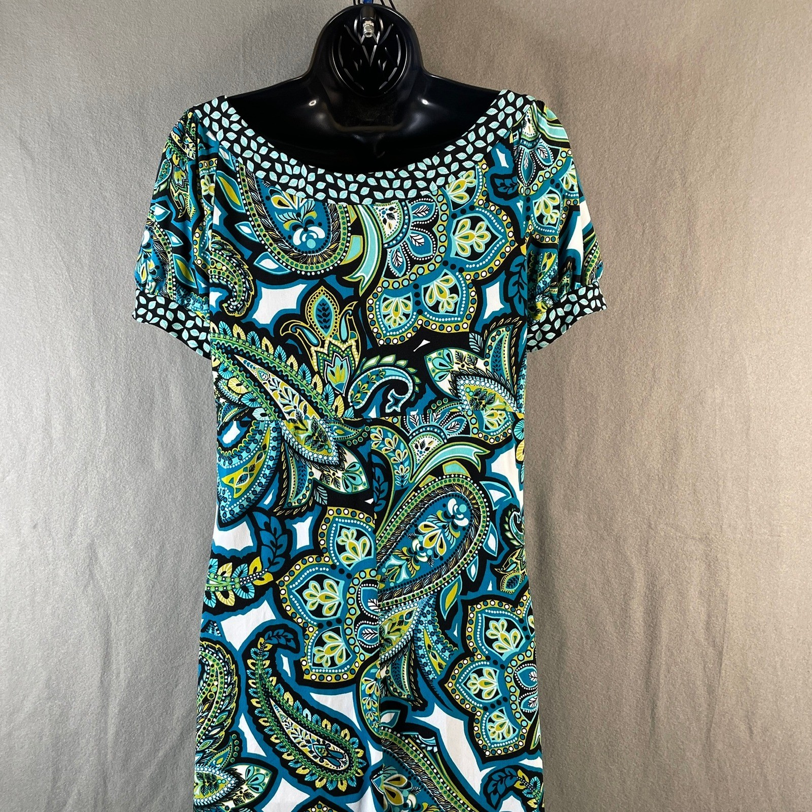 London Style Collection Blue Green Paisley Empire Waist Puff Sleeve Dress 14