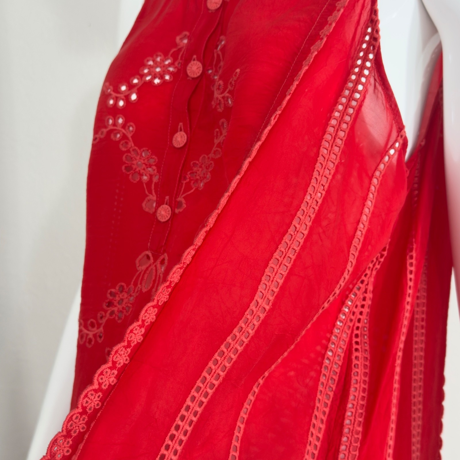 Johnny Was Rhodes Sleeveless Shift Dress Scarlet Red Embroidered Eyelet Accent M