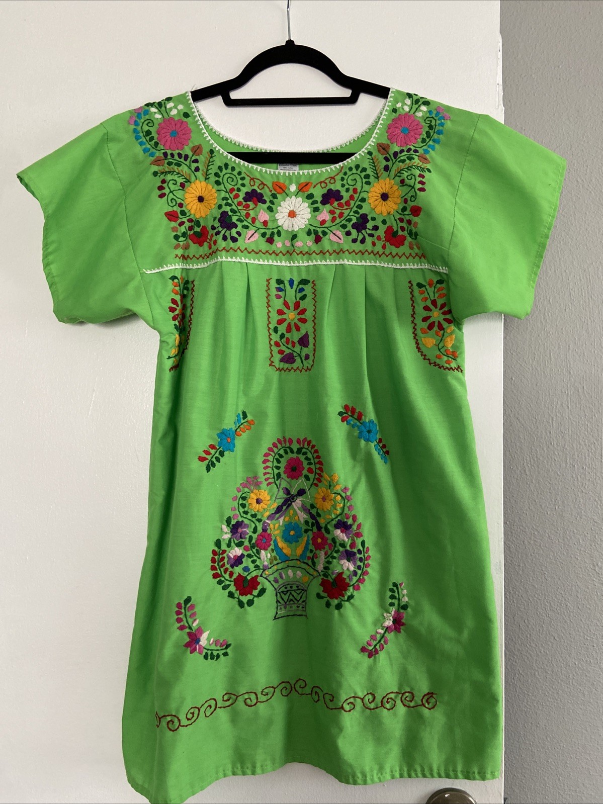 Liliana Cruz Embroidered Puebla Mexican Dress 100% Cotton Boho Green Size Small
