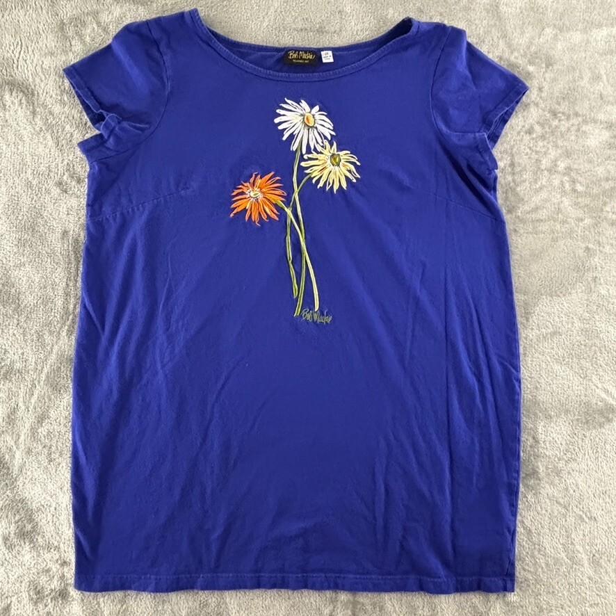 Bob Mackie T-Shirt Dress Womens 2X Floral Embroidery Blue Short Sleeve Pullover