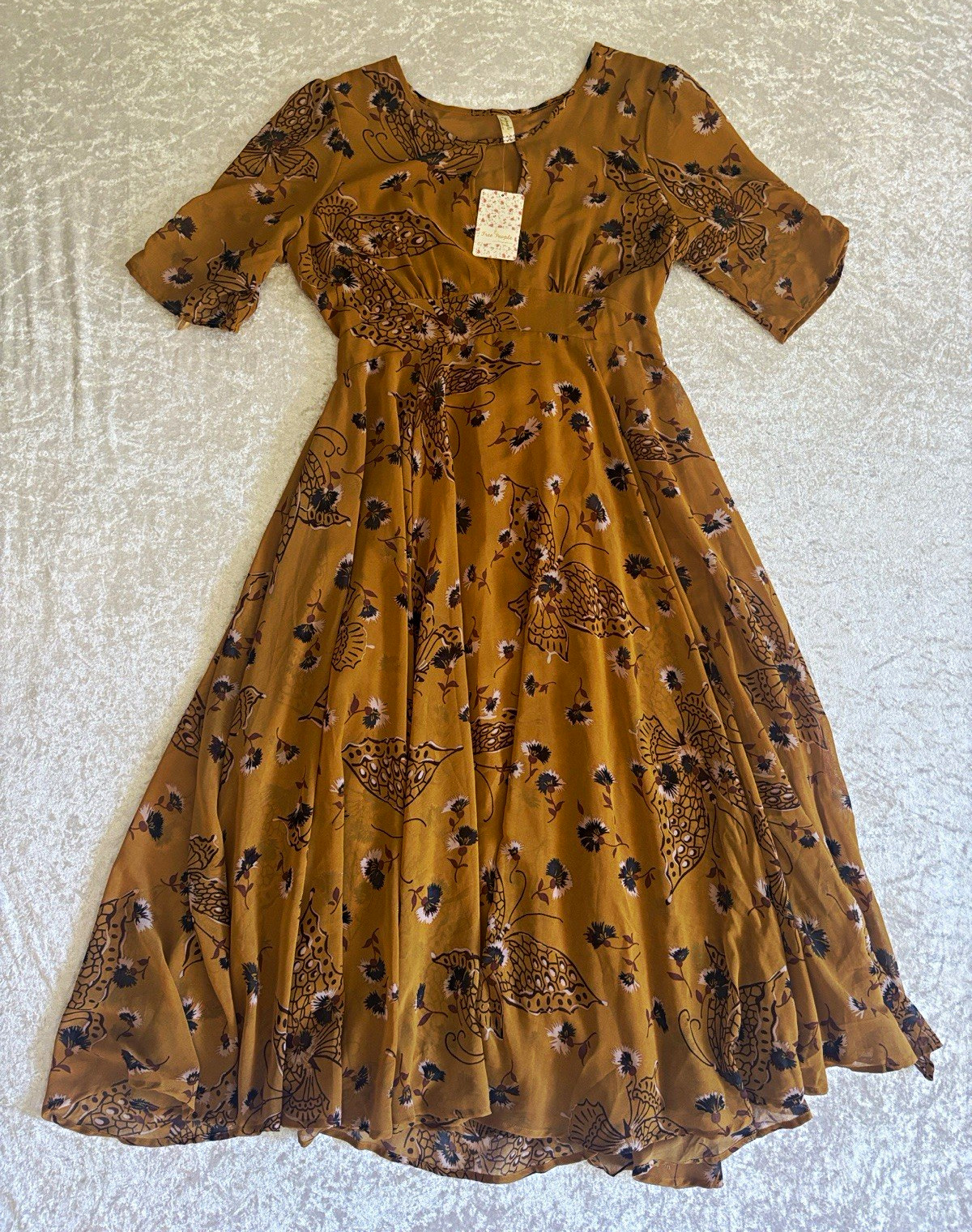 NWT Free People Butterfly Floral Midi Dress Mustard Size 12 Boho Tie Waist