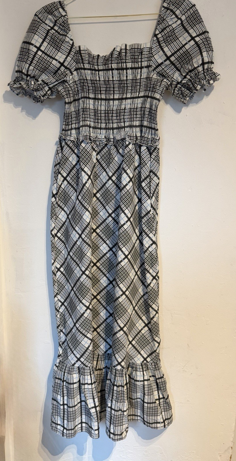Topshop Maxi Milkmaid Style Smocked Dress Size 12 white blue black checkered
