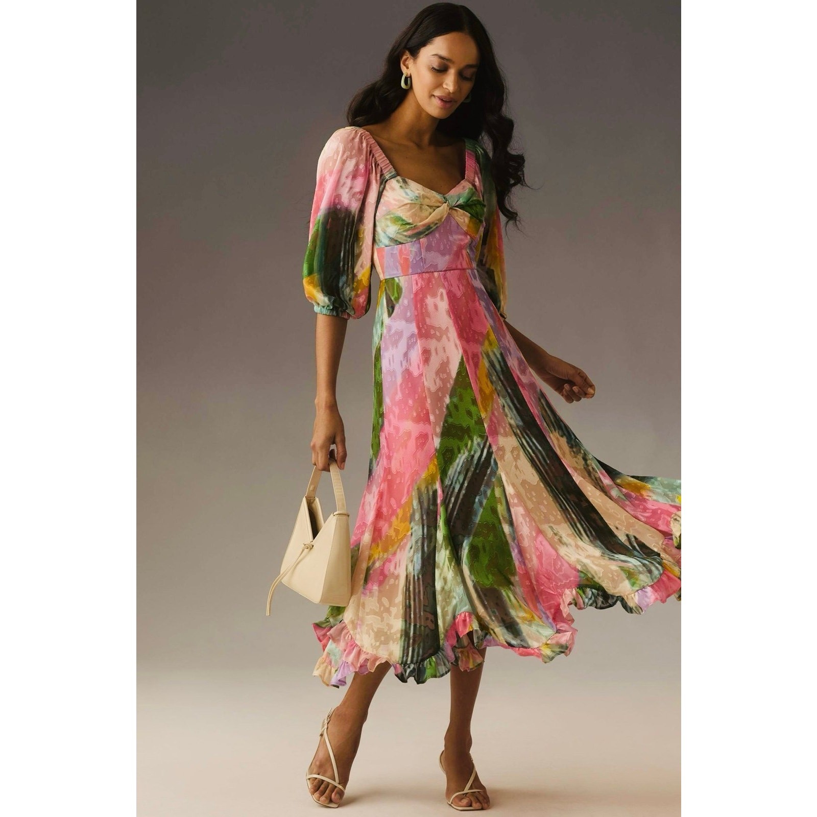 NWT❤️Anthro Hutch Printed Twist-Front Puff-Sleeve Ruffle-Hem Dress szL